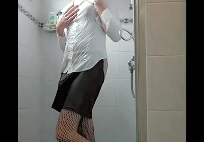 Full dressed shower and dildo play
