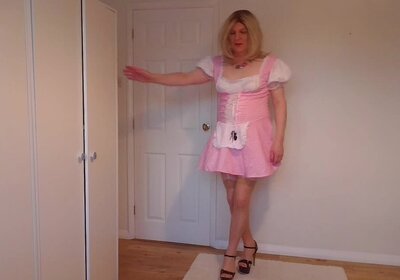 Nude stockings, white lingerie and pink costume